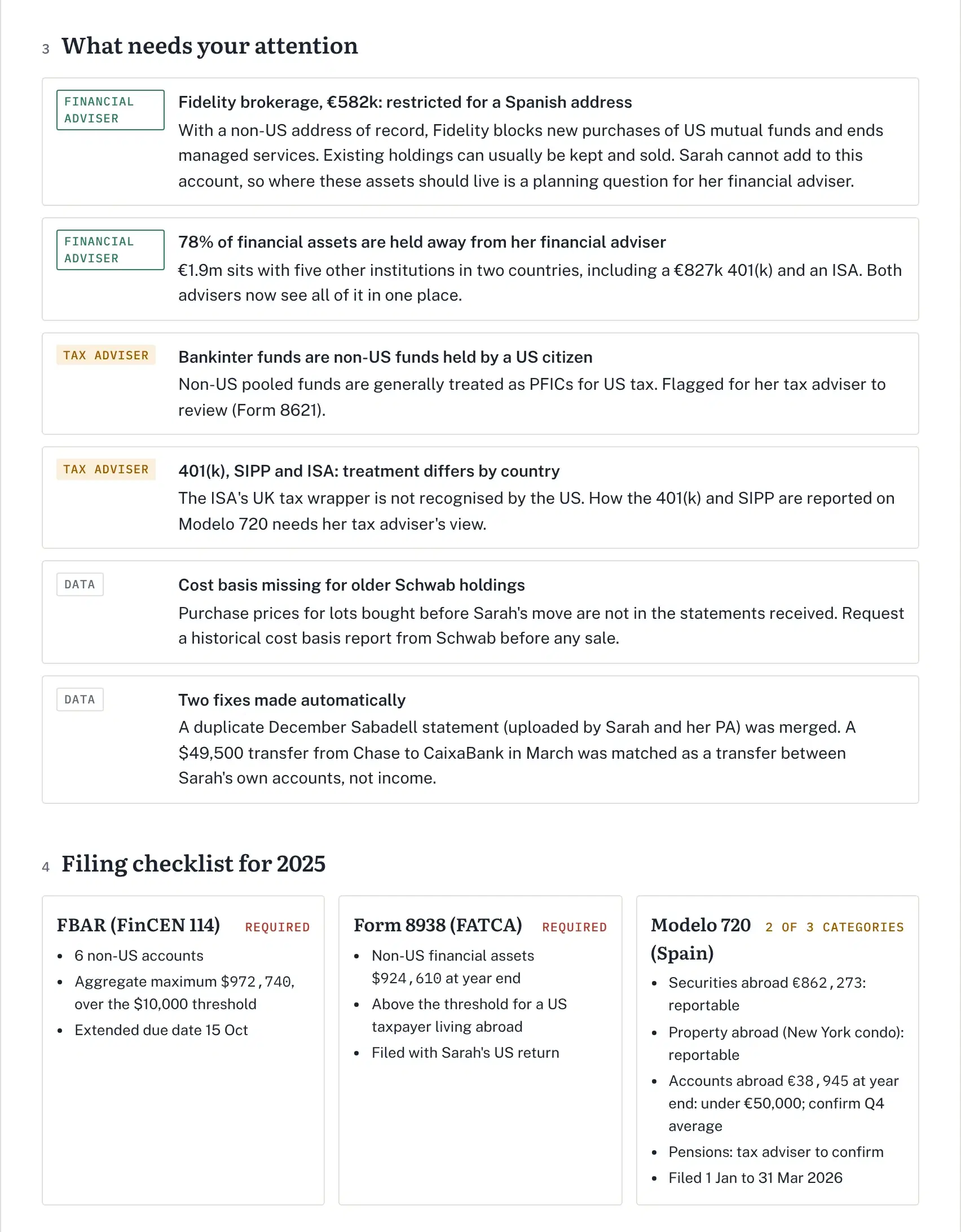 Example Aequify client report for the Bennett household, page 2: adviser flags, filing checklist and FBAR schedule