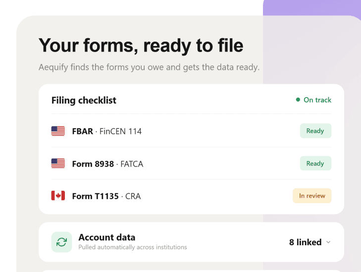 Compliance checklist showing FBAR and Form 8938 requirements