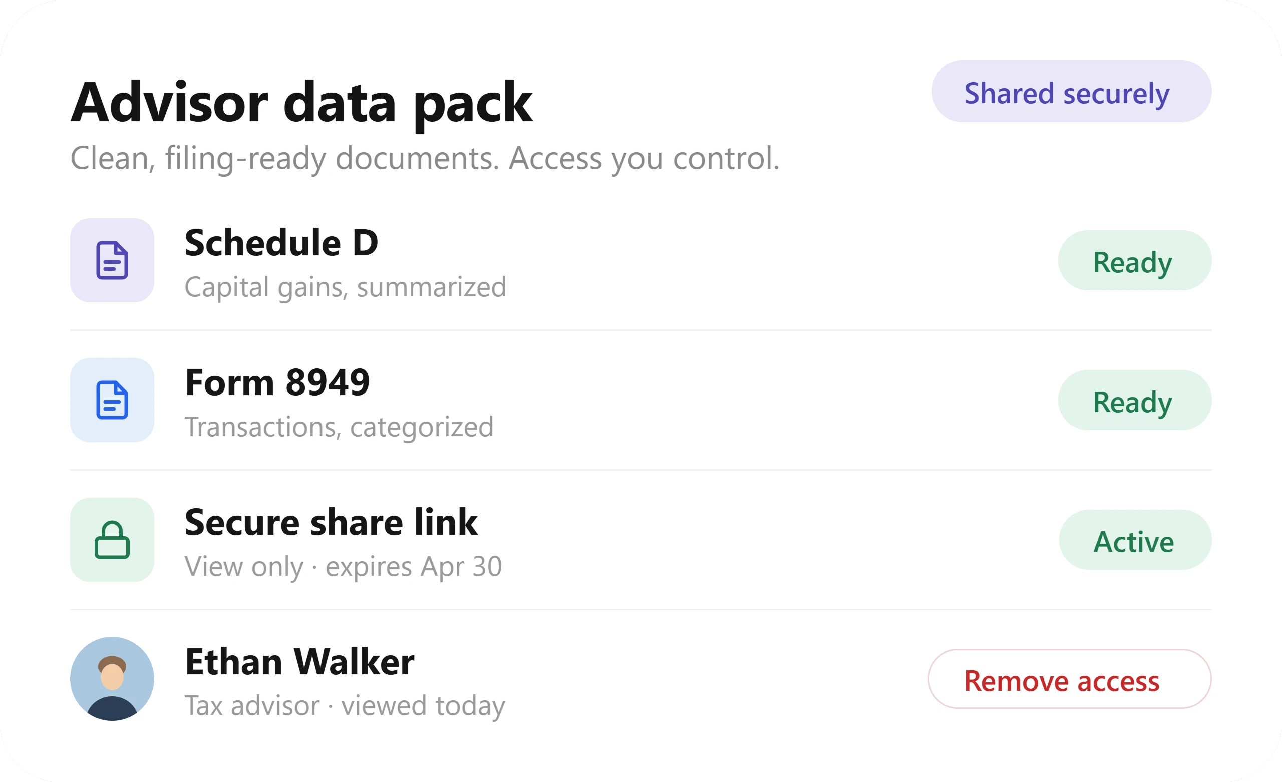 Advisor data pack sharing screen with access controls