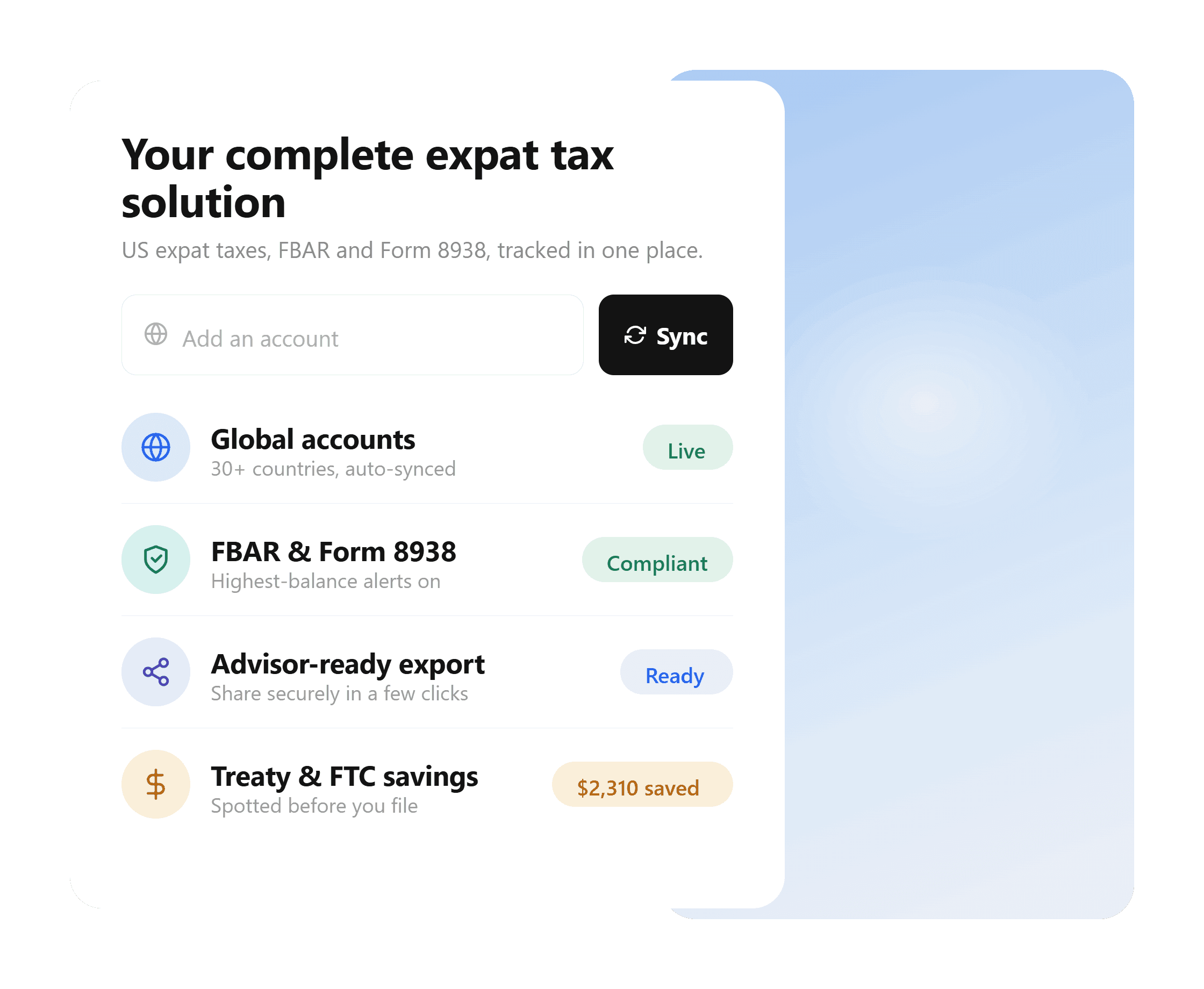 Aequify tax dashboard showing worldwide tax estimate, compliance checklist, and savings